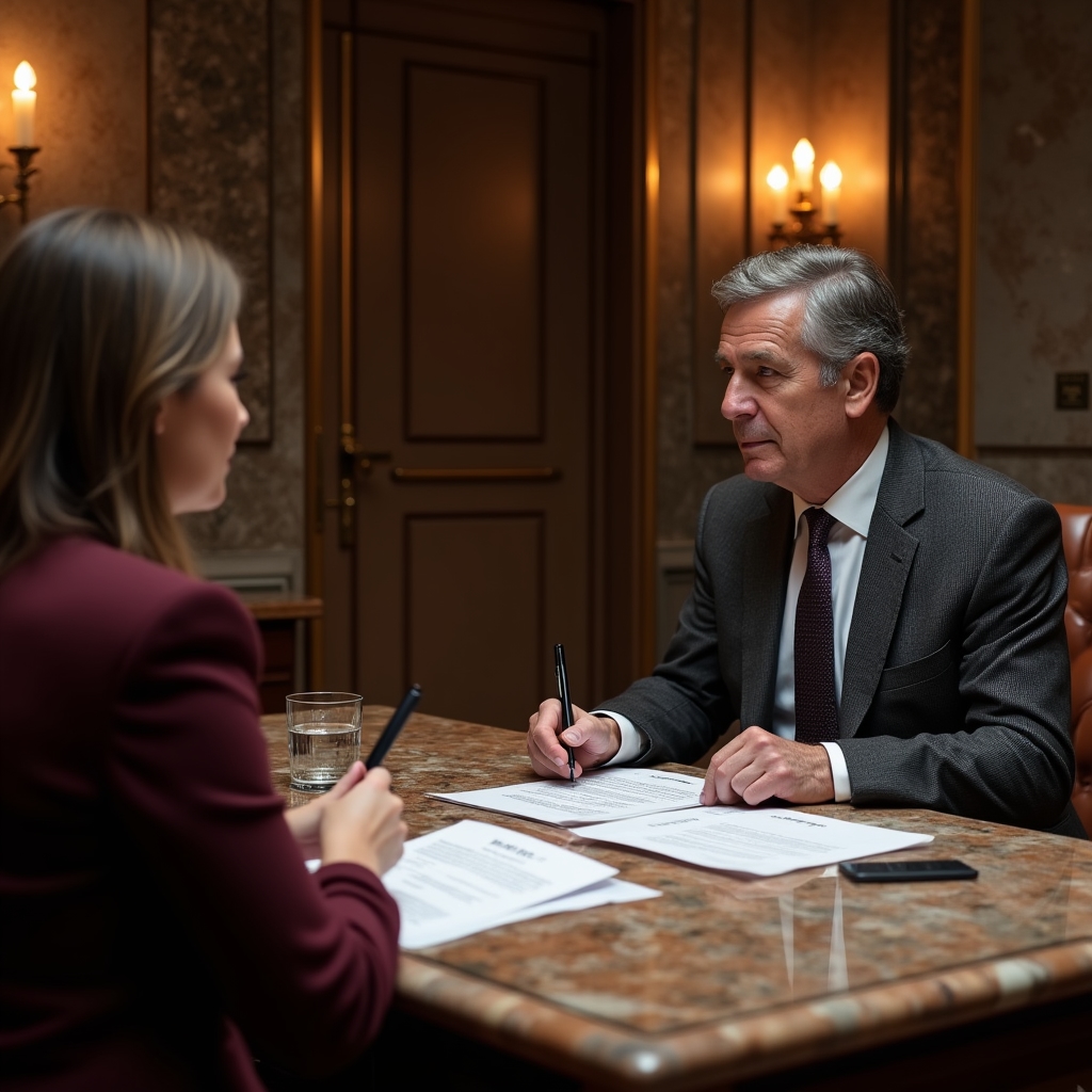 Franchisor and franchisee in a structured business meeting reviewing operational documentation